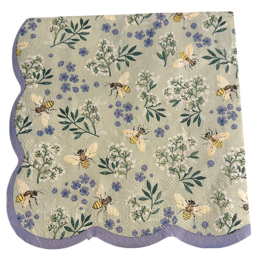 Bee and Floral Blue Decoupage Napkins – Shabby Chic Luncheon Size with Lavender Scalloped Border for Spring Crafts & Décor