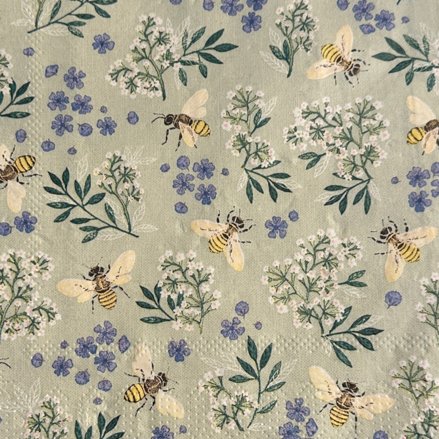 Bee and Floral Blue Decoupage Napkins – Shabby Chic Luncheon Size with Lavender Scalloped Border for Spring Crafts & Décor