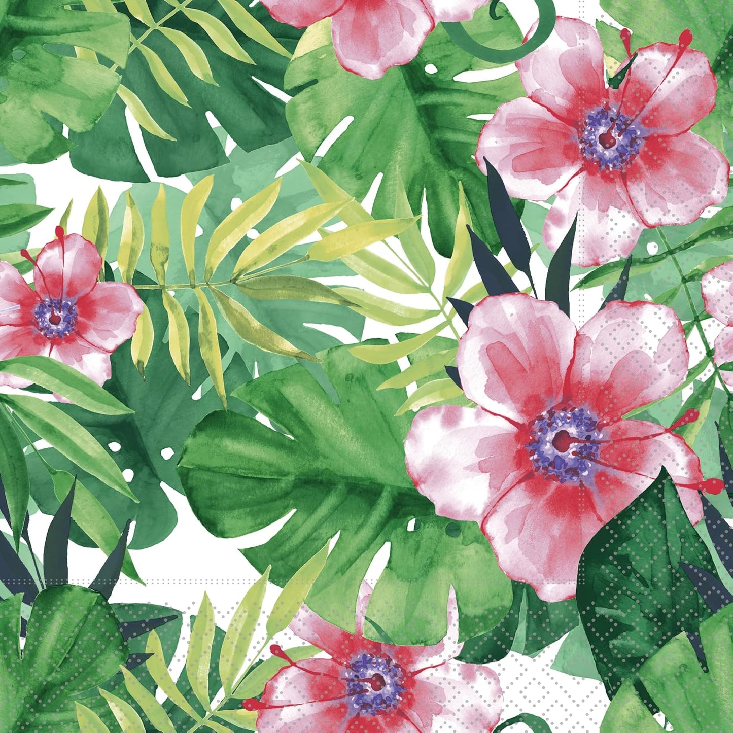 Close-up of a tropical-themed luncheon decoupage napkin featuring watercolor-style pink hibiscus flowers, green monstera and palm leaves, and soft yellow accents on a white background.