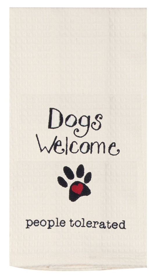 Beige Waffle tea towel with black embroidery that says Dogs welcome People Tolerated. The towel also has a paw print with a red heart 
