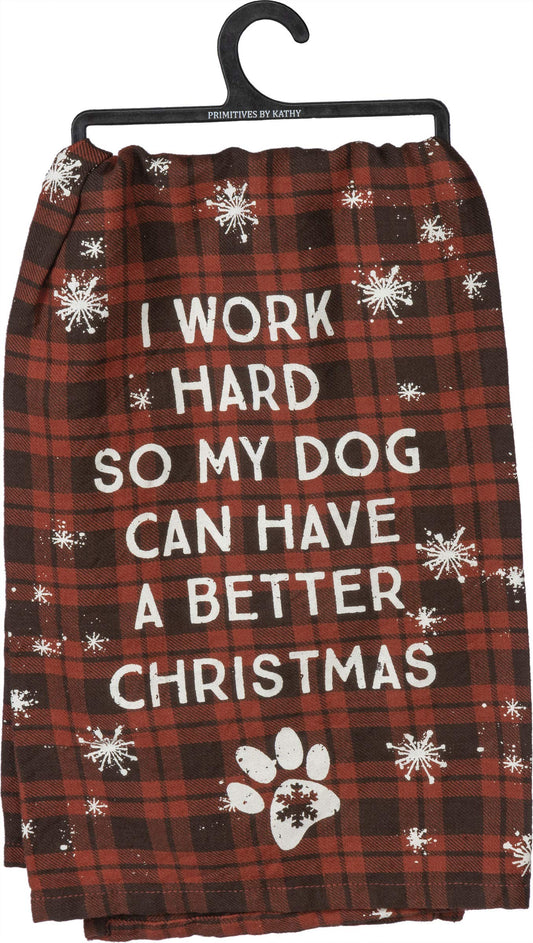 Trabajo duro para que mi perro tenga una mejor toalla navideña